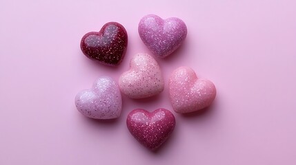 Fototapeta premium Valentine's Day hearts with glitter on soft pink background