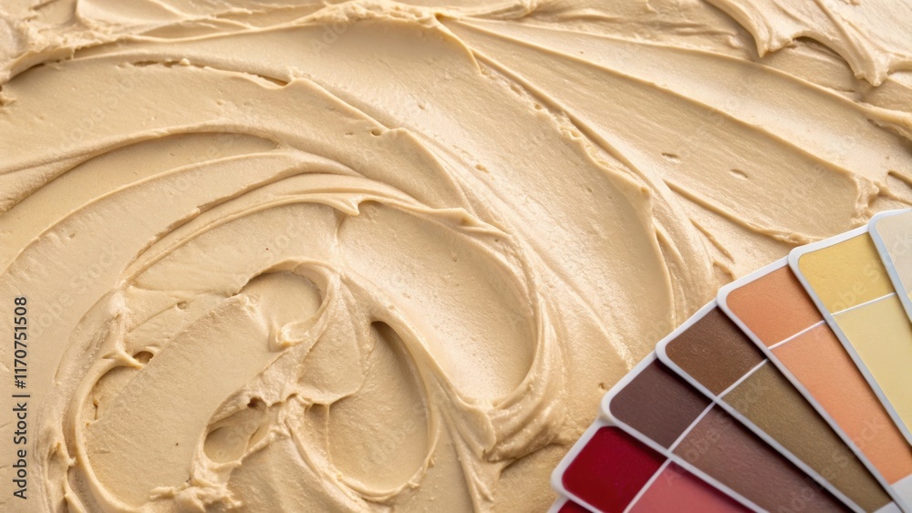Aufkleber An abstract closeup of rich creamy stucco with delicate lumps and folds visible accompanied by a colorful array of applicators creating a contrasting palette against the neutral