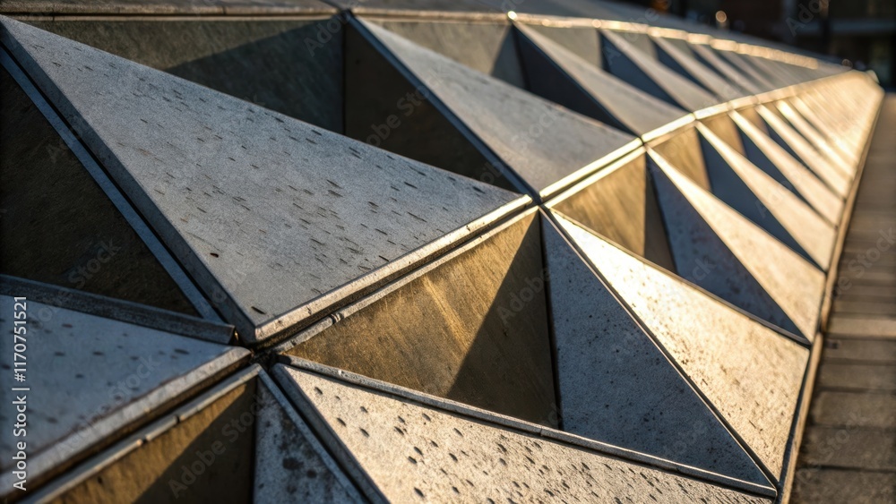 Aufkleber An abstract closeup that concentrates on the geometric shapes formed by angled weatherproof flashing pieces with a dramatic play of light and shadow that reveals the depth of