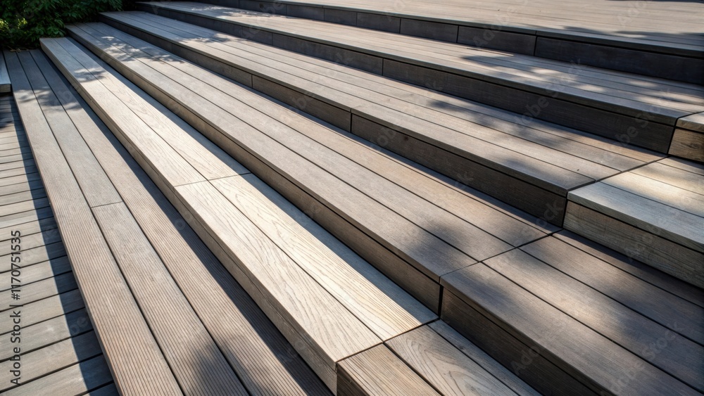 Poster An abstract view captures the layered arrangement of composite decking boards with varying lengths creating dynamic shadows. The interplay of light and dark emphasizes the