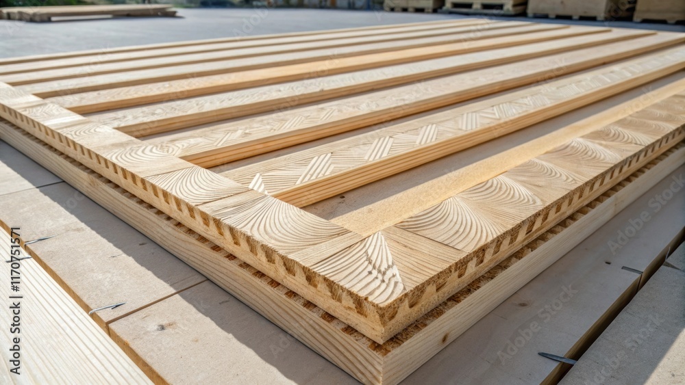 Aufkleber An aerial closeup of several crosslaminated timber panels laid out for inspection their edges meticulously aligned. The patterns of each layer are visually compelling creating a