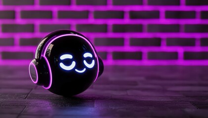 A vibrant, smiling speaker with headphones against a neon brick wall backdrop.