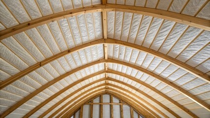 An angle captures the reflection of ceiling rafters on the surface of foam insulation boards where the crisp lines of the boards juxtapose against the soft curves of the rafters