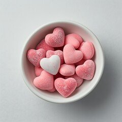Valentine's Day heart-shaped candies in bowl on white background