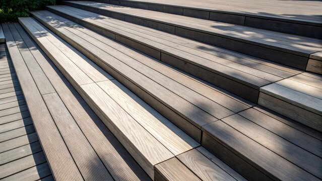 An abstract view captures the layered arrangement of composite decking boards with varying lengths creating dynamic shadows. The interplay of light and dark emphasizes the