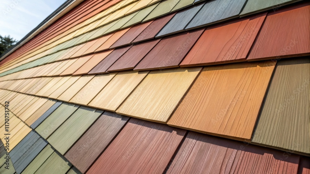 Poster An angled view captures the vibrant color palette of the fiber cement siding. The panels arranged in a staggered pattern feature a mix of earth tones creating a warm and inviting