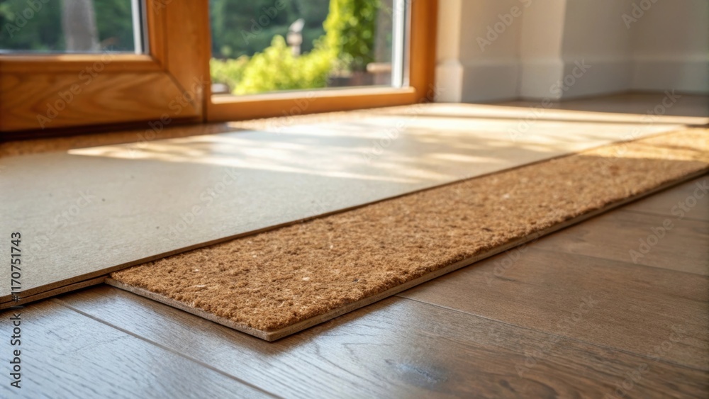 Aufkleber an angled view displays the cork underlayment positioned against a smooth plywood subfloor emphasizi