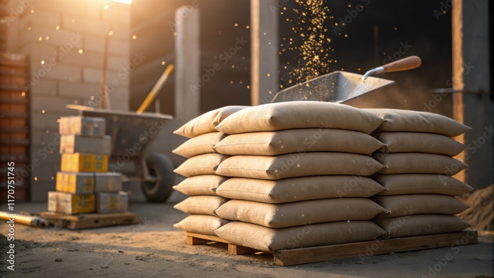 Poster An angled view showcases a stack of cement bags with a scoop partially buried in the topmost bag. Tiny specks of cement dust float in the air around them illuminated by soft golden