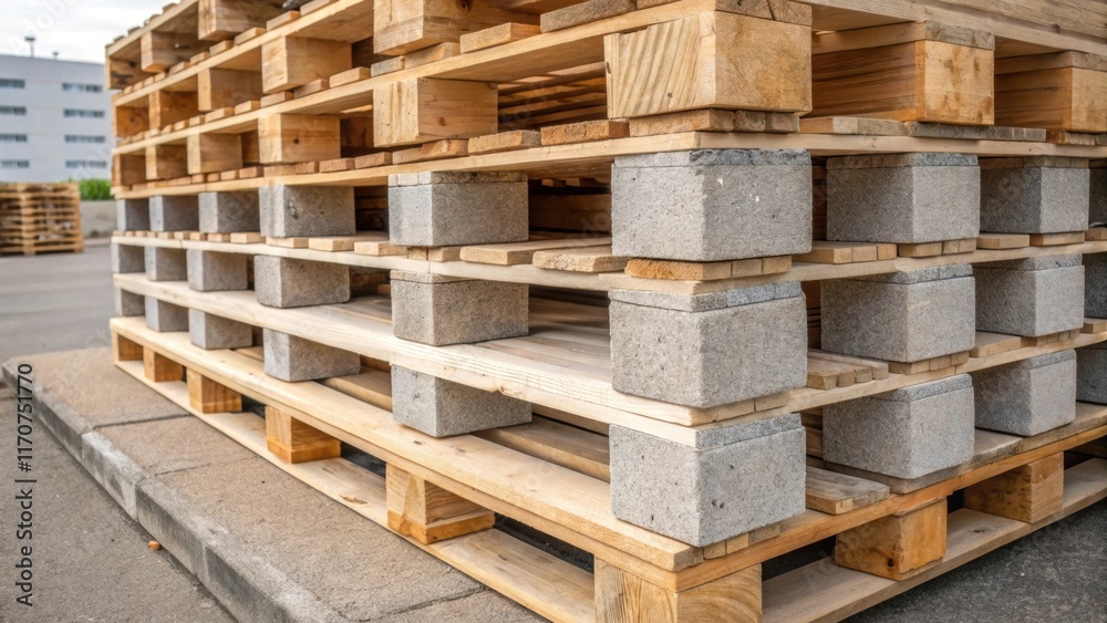 Poster An angled view showcases the overall structure of the stacked pallets and cinder blocks illustrating an innovative use of materials. The staggered arrangement reveals glimpses of