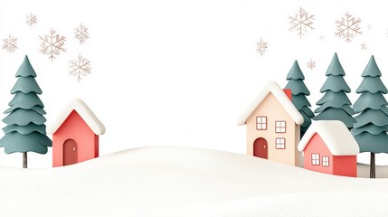 Naklejka premium Winter Wonderland Scene with Cartoon Houses, Snowy Landscape, and Evergreen Trees in a Minimalist Style