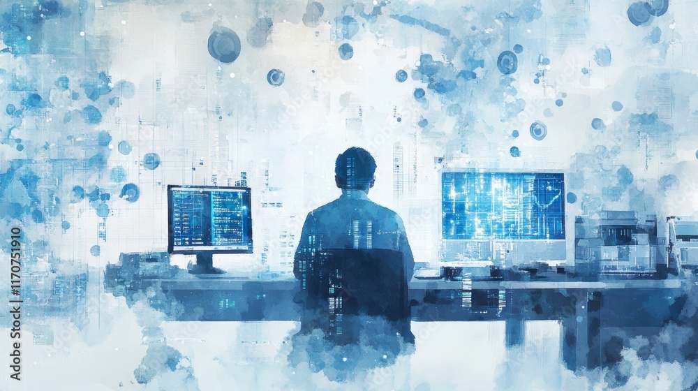 Poster futuristic office with programmer analyzing data on multiple screens in a digital environment