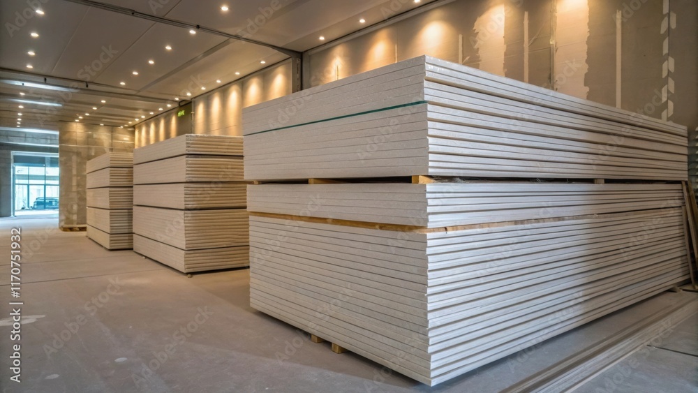 Poster An array of finished drywall panels stacked neatly in a corner their surfaces gleaming under soft lighting. The panels reflect the ambient light capturing the moment before they
