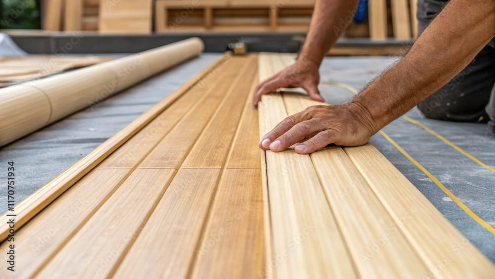 Poster An artisanal hand carefully aligns a plump bamboo plank against another capturing the moment of preparation in the installation process. The focus on the skilled hands contrasts