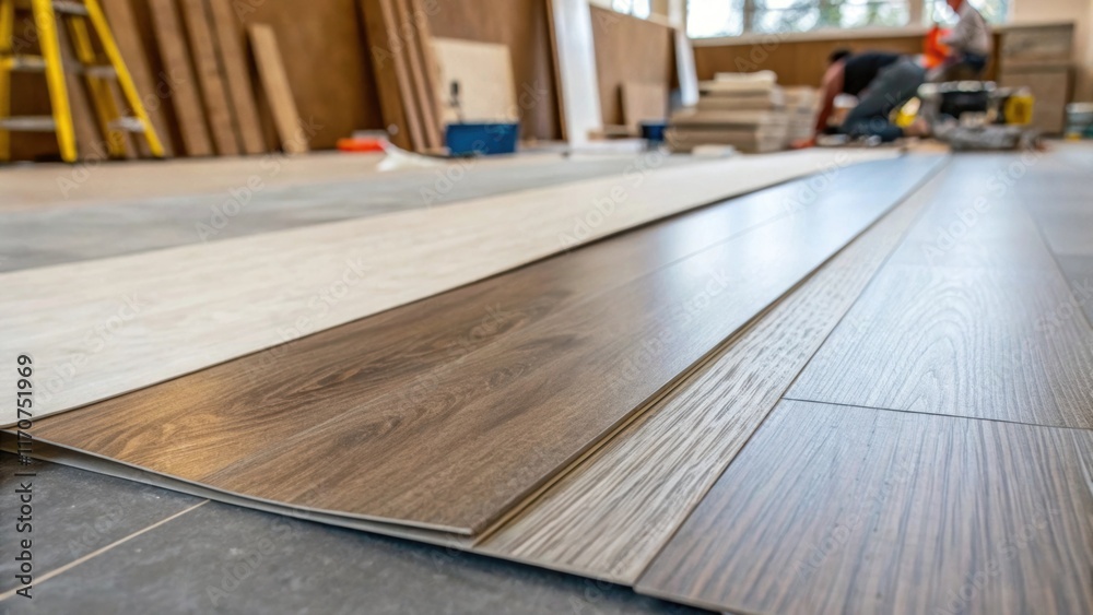 Aufkleber An artistically angled view presents a closeup of vinyl planks as they are being installed featuring a smooth transition from an existing tile floor to the new material. The slight