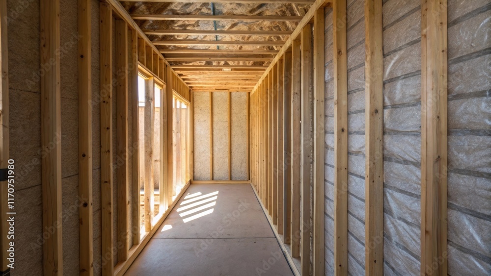Poster A narrow slit view of a partially finished wall capturing intersecting lines of studs and the installed fiberglass batt insulation. The interplay of shadows and light creates an