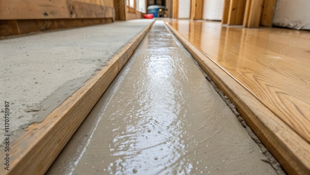 Poster a narrow gap between two wooden boards on the subfloor is filled with leveling compound which is met
