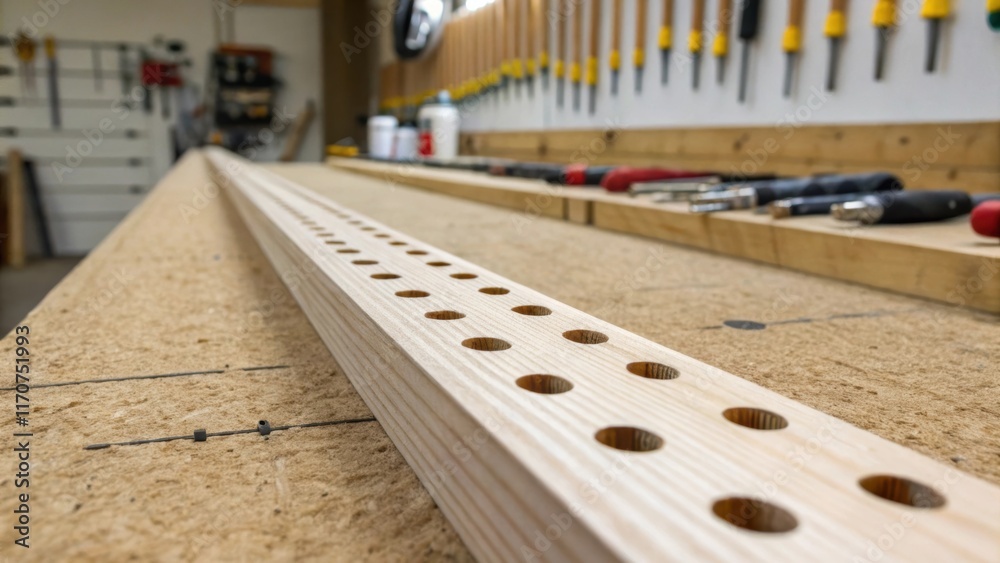 Leinwandbilder a narrow view captures a row of predrilled holes along the length of a laminated beam with each hole