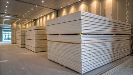 An array of finished drywall panels stacked neatly in a corner their surfaces gleaming under soft lighting. The panels reflect the ambient light capturing the moment before they