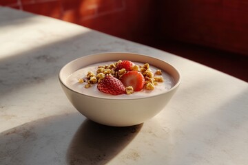 A bowl of yogurt topped with fresh strawberries and granola, showcasing a healthy breakfast in soft sunlight.