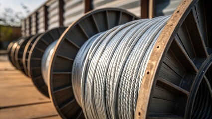 An artistic angle captures the interplay between light and shadow on the galvanized metal spools. The focus on the spiral arrangement reveals the smooth contours of the wire as it