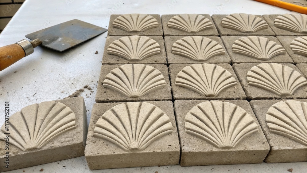 Aufkleber An artistic angle capturing the staggered arrangement of cinder blocks revealing the patterns formed by their shells. The edges of a trowel peek into the frame with traces of mud