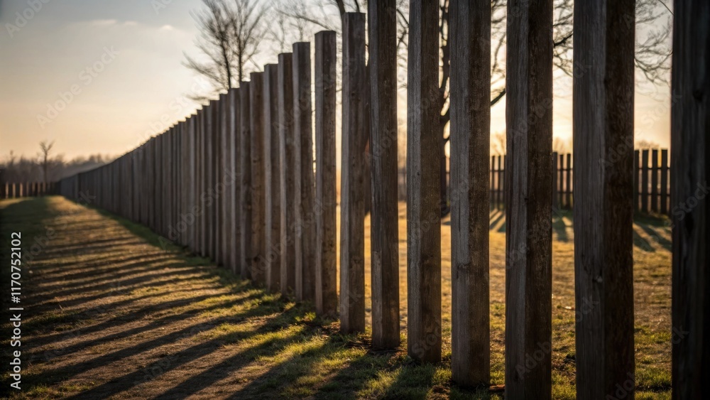 Poster An artistic angle capturing the shadow patterns cast by tall wooden fence posts during late afternoon. The posts stand like sentinels with faint markings from previous placements