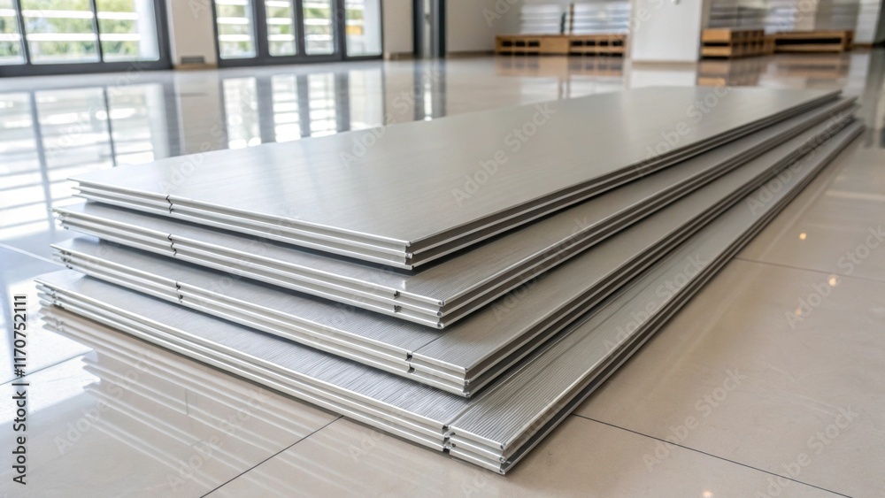 Aufkleber An artistic angle showcasing the stacked aluminum soffit panels in a symmetrical arrangement on a clean minimalist floor with soft diffused lighting creating a modern aesthetic