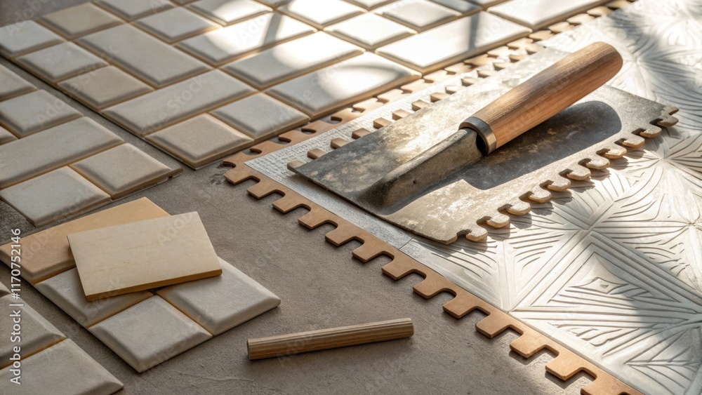 Poster An artistic angle showcasing a wellworn grout spreader resting beside an array of tile spacers tered across a soft patterned tiling mat the sunlight casting gentle shadows that