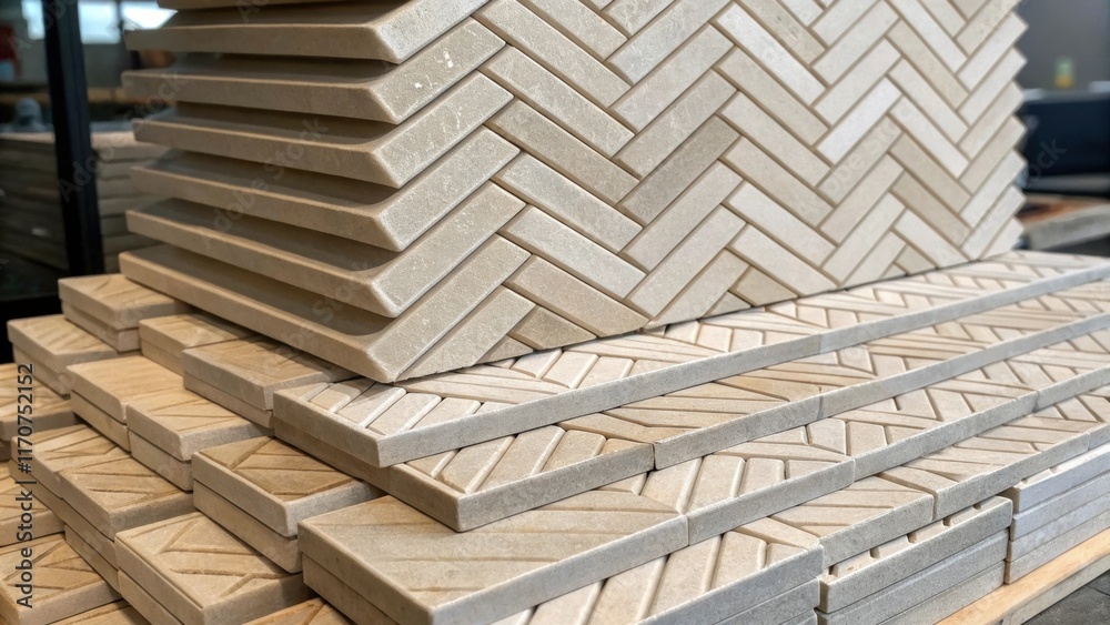 Poster An artistic arrangement of herringbone tiles stacked vertically displaying the textured surface of each piece. The interplay of light and shadow on the angular designs creates a