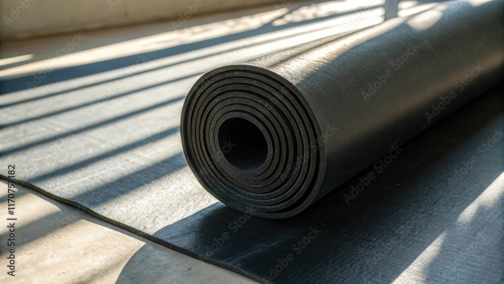 Aufkleber An artistic closeup captures the shadows cast by the rolled rubber underlayment emphasizing its thickness and density. The play of light reflects off its surface hinting at its