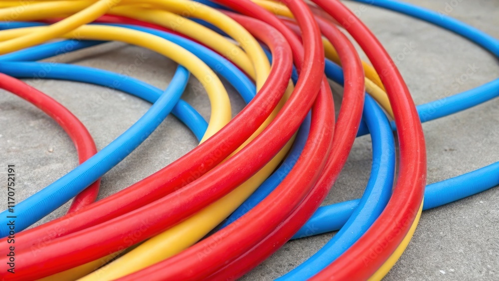 Aufkleber An artistic closeup featuring a tangle of colorful PEX tubing showcasing an array of bright reds blues and yellows. The flexible pipes twist and crossover in a dynamic fashion