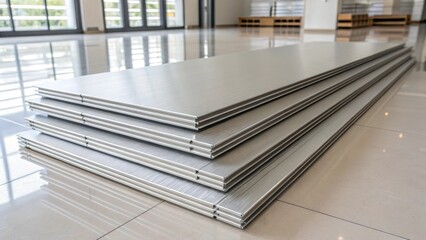 An artistic angle showcasing the stacked aluminum soffit panels in a symmetrical arrangement on a clean minimalist floor with soft diffused lighting creating a modern aesthetic