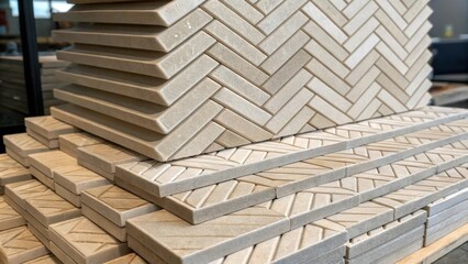 Fototapeta premium An artistic arrangement of herringbone tiles stacked vertically displaying the textured surface of each piece. The interplay of light and shadow on the angular designs creates a