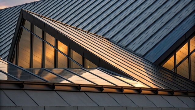 An artistic closeup emphasizing the play of light on the angular sharp edges of metal roofing panels. The protective covers create an intriguing layer adding depth and texture