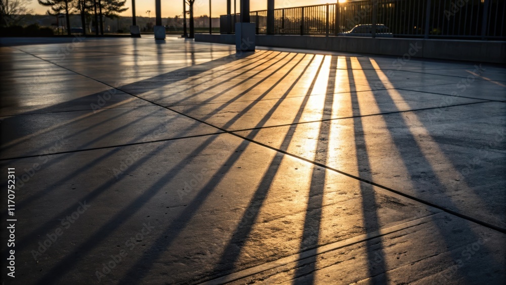 Poster an artistic focus on the interplay between shadows and the freshly poured concrete with the sun cast