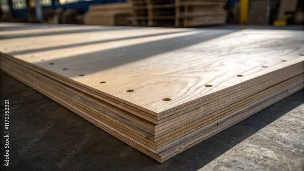 Poster an artistic perspective of a plywood sheet positioned at an angle with light streaming in from one e