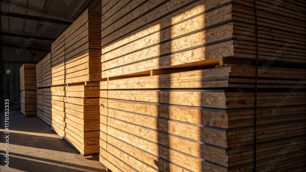 Aufkleber An artistic image that focuses on the interplay of light and shadow across the stacked OSB panels. The warm tones of the wood catch the sunlight while deeper grooves create shadow