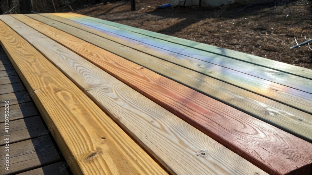 Aufkleber An artistic perspective focusing on the alignment of several stained wooden boards emphasizing their long linear form. The juxtaposition of colors creates a subtle wave effect