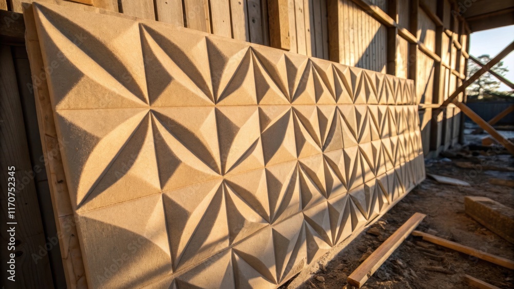 Poster An artistic perspective capturing the interplay of shadows and light on a wall adorned with foam insulation boards. The intricate pattern of the boards creates a geometric design