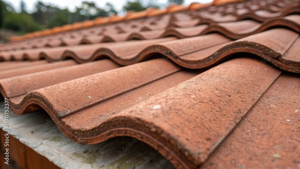 Aufkleber An artistic focus on the texture of a single clay tile highlights its undulating surface with rough edges and a rich redbrown color. The tile is surrounded by a few others