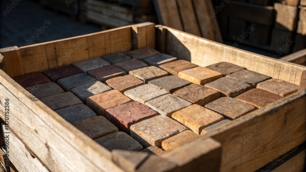 Poster An artistic perspective on the wooden crate filled with unevenly stacked paving stones emphasizing their diversity in color and texture. The light creates a play of shadows giving