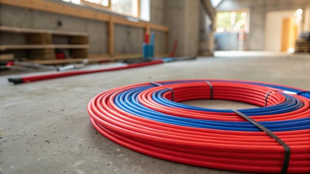 An artistic macro shot of life in progress featuring a roll of PEX pipe unwinding as it is being installed. The vibrant coils emerge from the roll contrasting against the raw