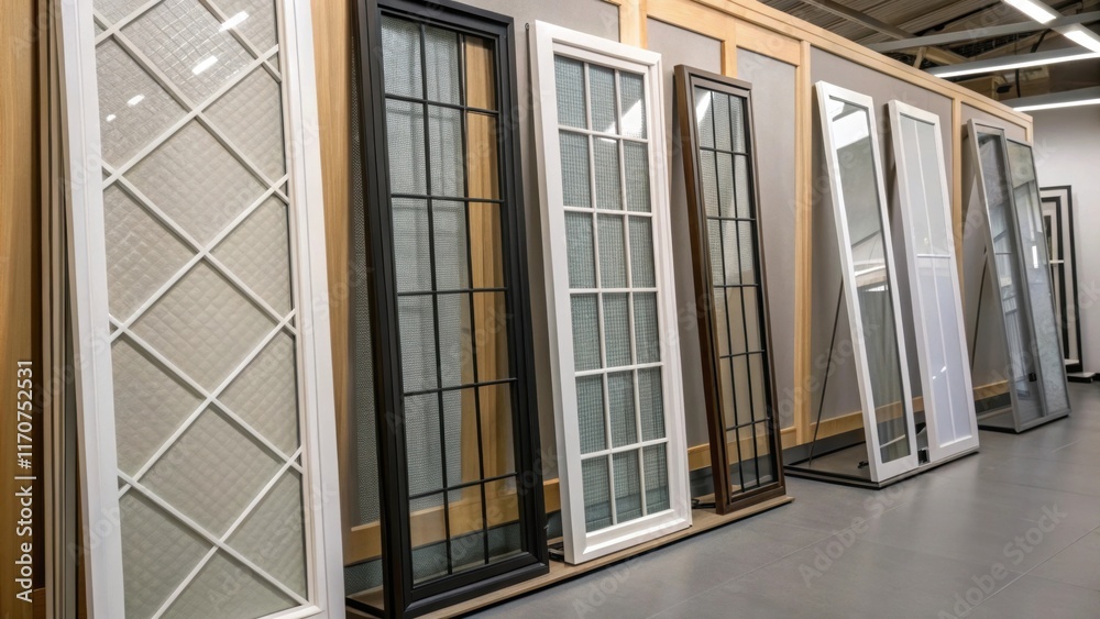 Poster An artistic view showcasing a collection of storm window panels hung vertically on sleek minimalistic racks. The image captures the interplay of light and shadow across the various
