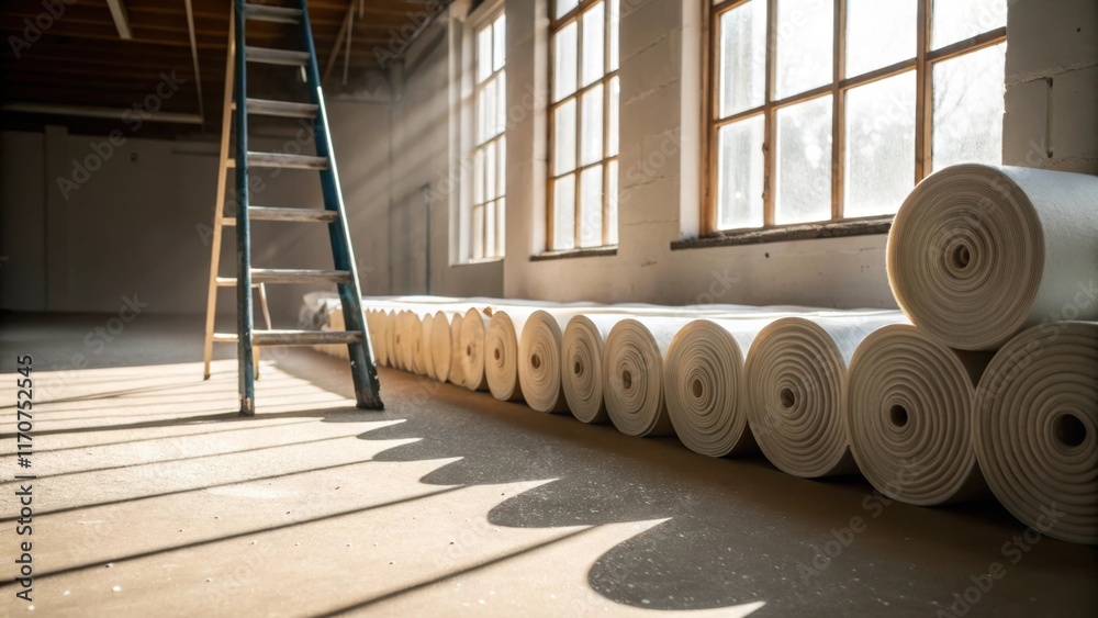 Aufkleber A neatly arranged row of insulation rolls lies beside a ladder with one roll partially unfurled revealing the thicker inner material. Sunlight filters through an open window