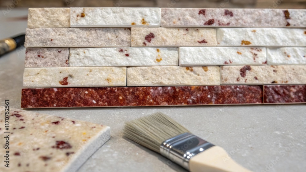 Poster an extreme closeup captures the details of a stone veneer panel highlighting flecks of quartz and th