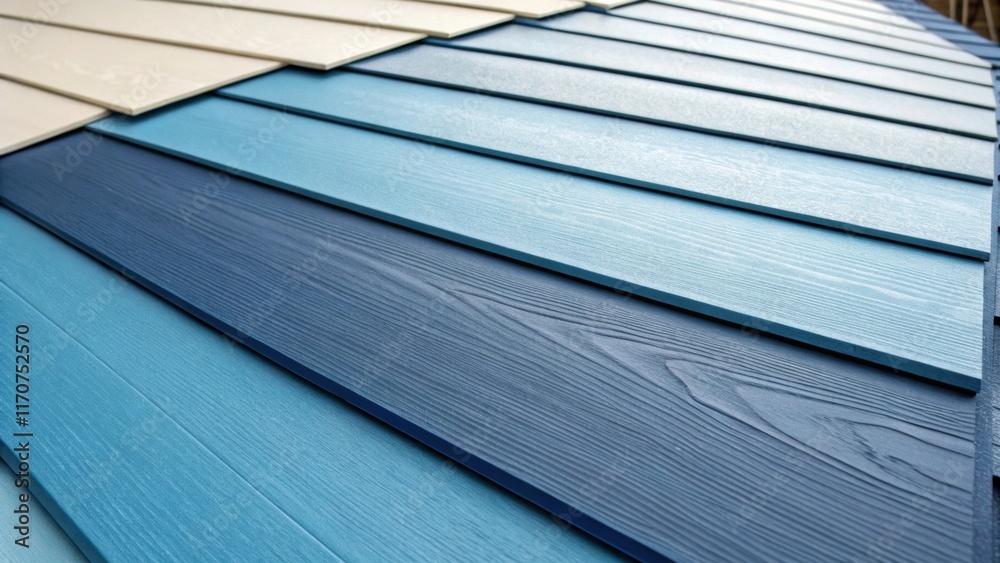 Poster An assortment of composite siding panels each one resting against the other revealing a seamless gradient from deep navy to light sky blue. The interplay of colors suggests a