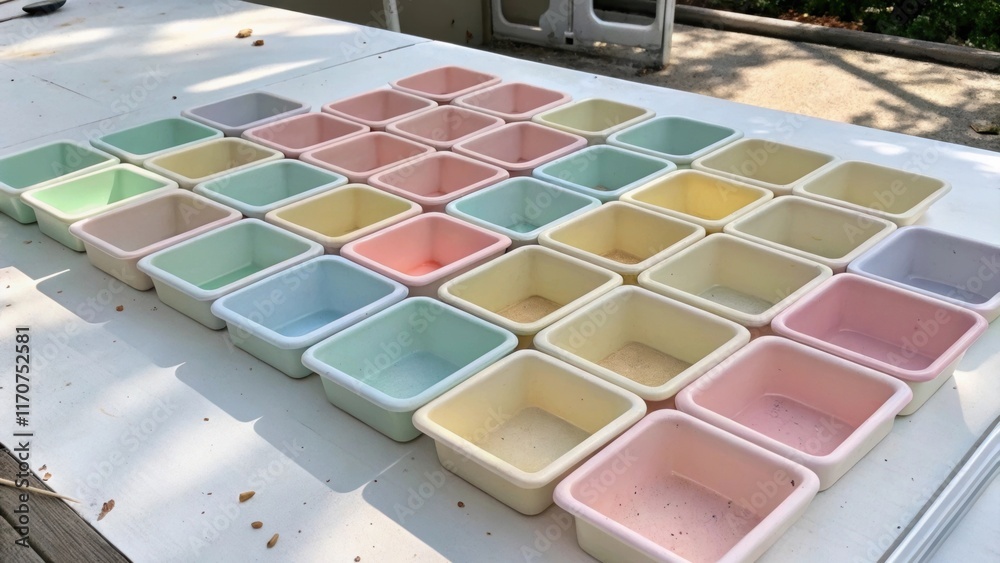 Poster a neat arrangement of pastelcolored tile grout tubs on an immaculate surface with a few specks of dr