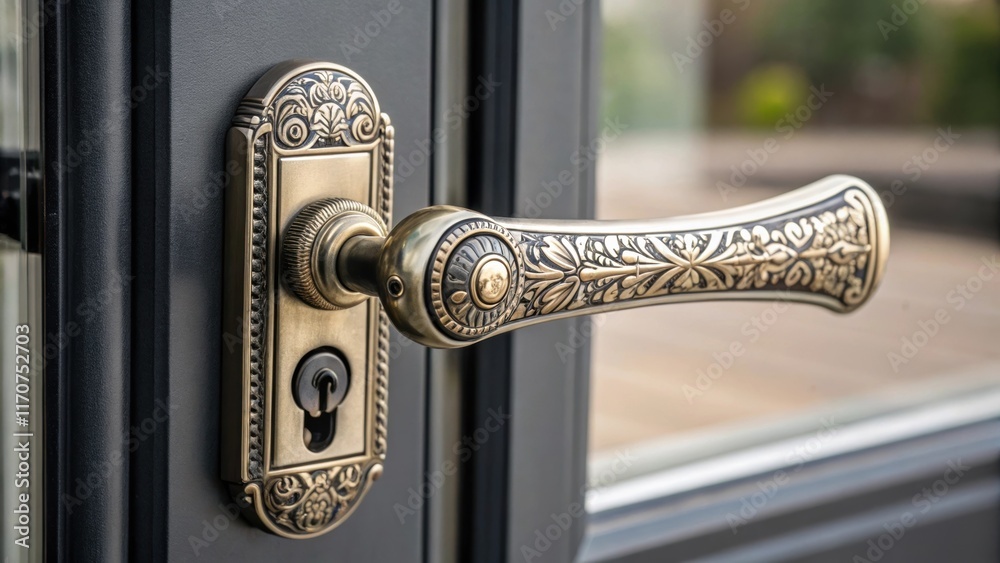 Aufkleber an extreme closeup portrays the elaborate design of a vintageinspired cat window crank handle encrus