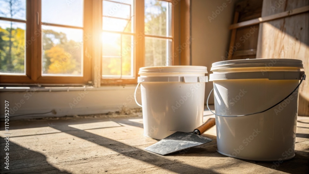 Poster An image capturing the sunlight filtering through a nearby window illuminating the sealed buckets of leveling compound and casting soft shadows with a trowel resting beside them