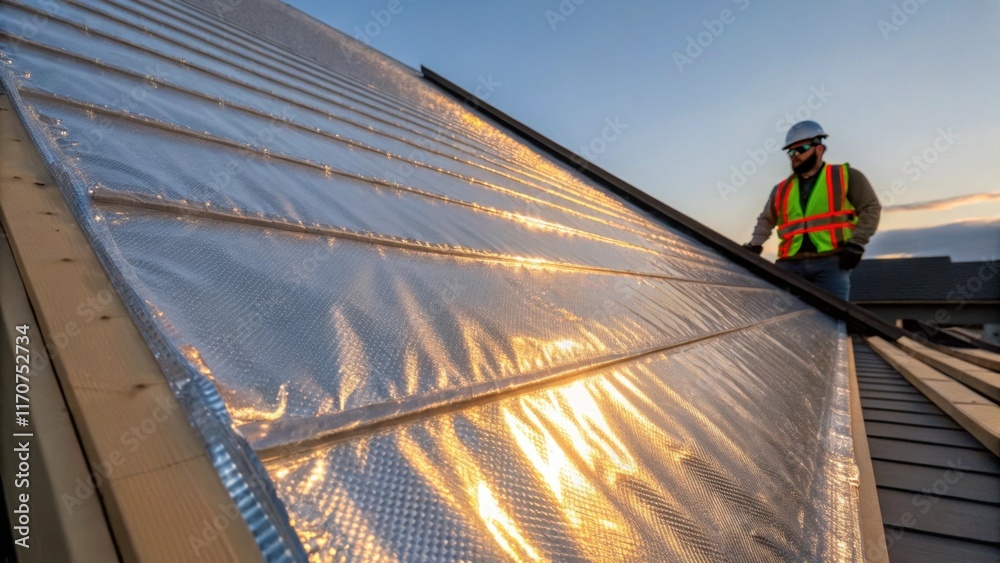 Poster An image capturing the moment of installation featuring a laborer applying the radiant barrier insulation along the sloped roof. The light bounces off the material casting